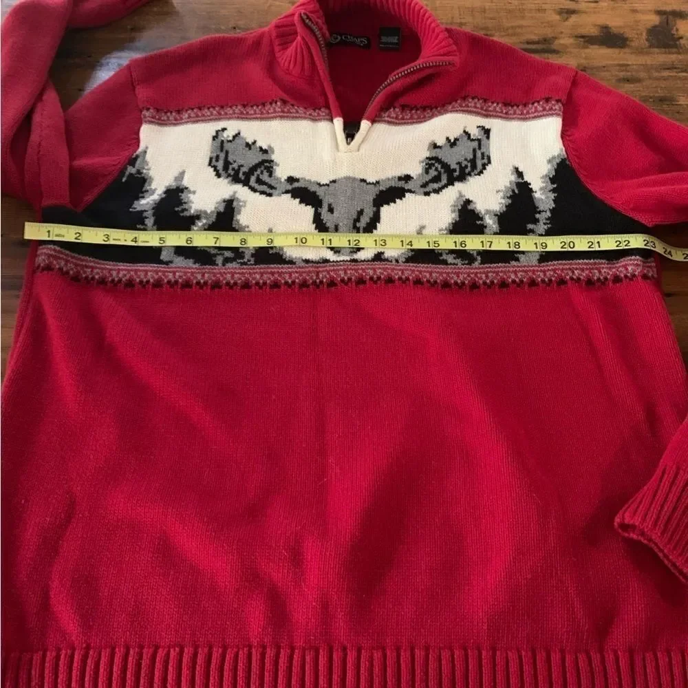 Mens Cabincore Moose Red Cotton Pullover 1/4 Zip Sweater Sz XL